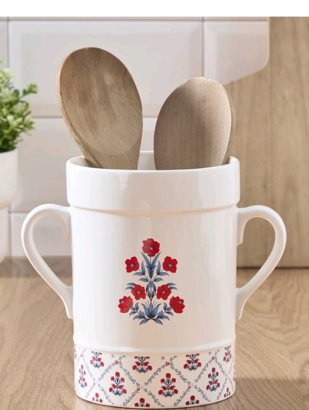 My Texas House White Ceramic Utensil Holder with Red Floral Design